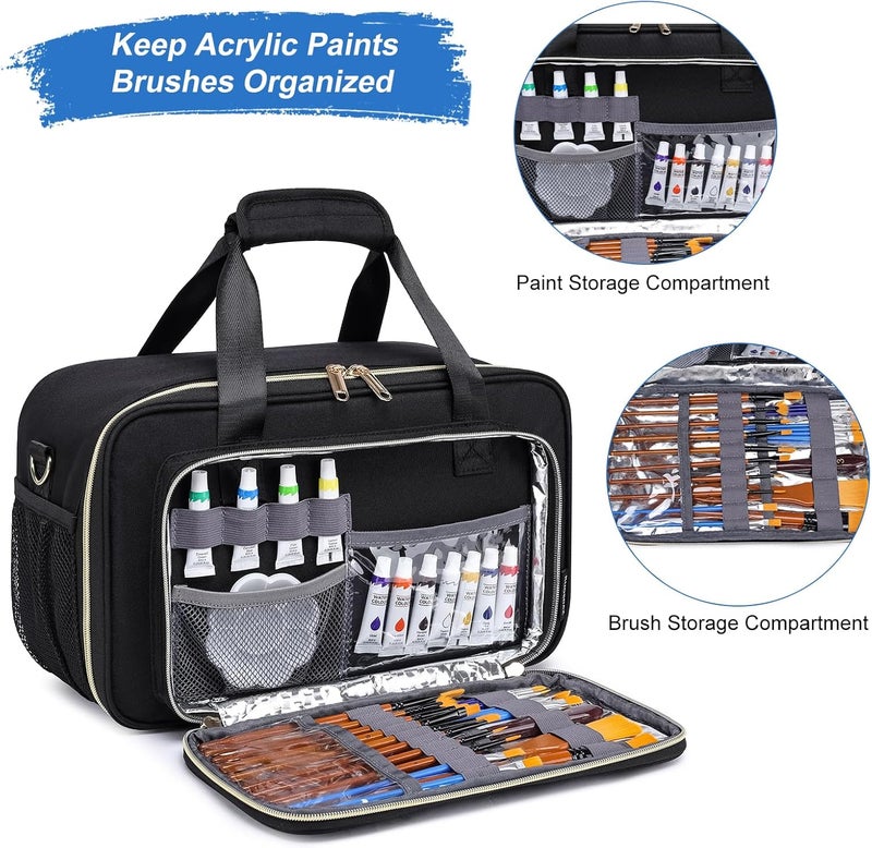 Kuosdaz Acrylic Paint Organizers Fits up to 54 Bottles 2 oz, Art Supply Storage Case with Handle Strap & Shoulder Strap, Craft Paint Bottle Storage Organizer with Brush Storage, Black - Image 2